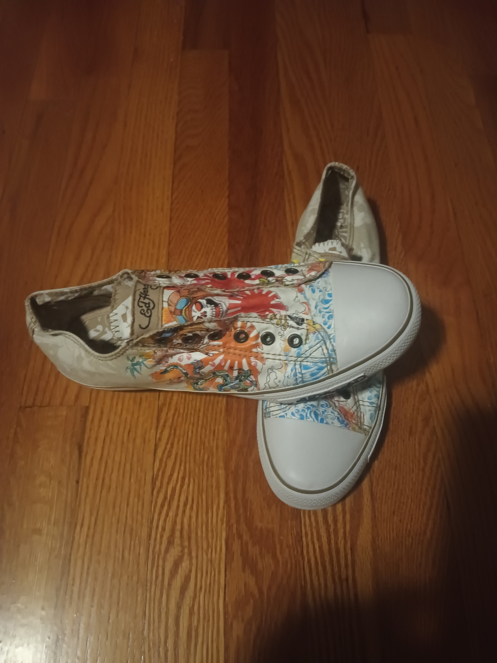 Ed Hardy Men's Slip-On Graphic Sneakers - White with Multicolor Art
